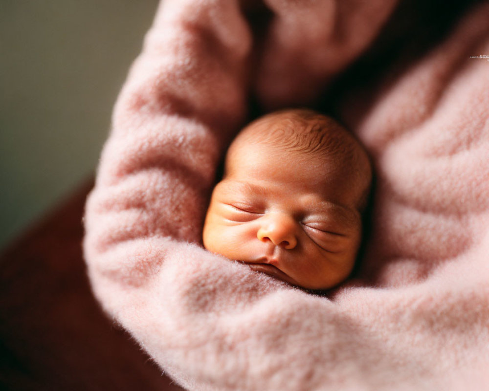 Newborn baby sleeping in soft pink blanket with gentle light glow