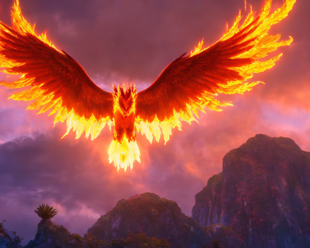 Majestic phoenix with fiery wings in dramatic mountain scenery