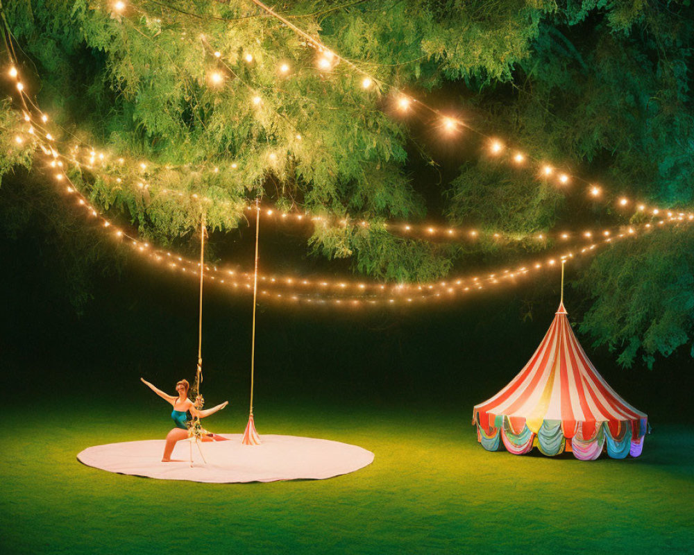 Person on Swing Under String Lights with Circus Tent in Night Garden