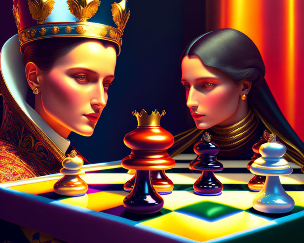 Two women with chess queen crowns on colorful board in golden and blue light