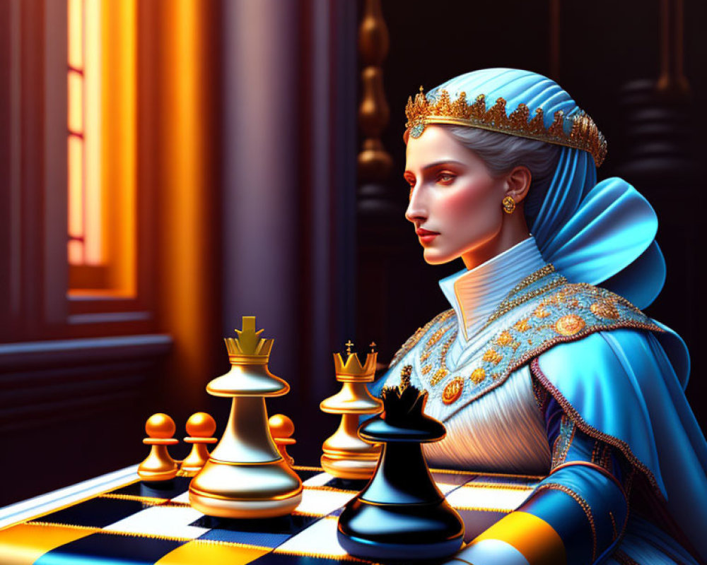 Regal woman in blue gown and crown at chessboard in opulent room