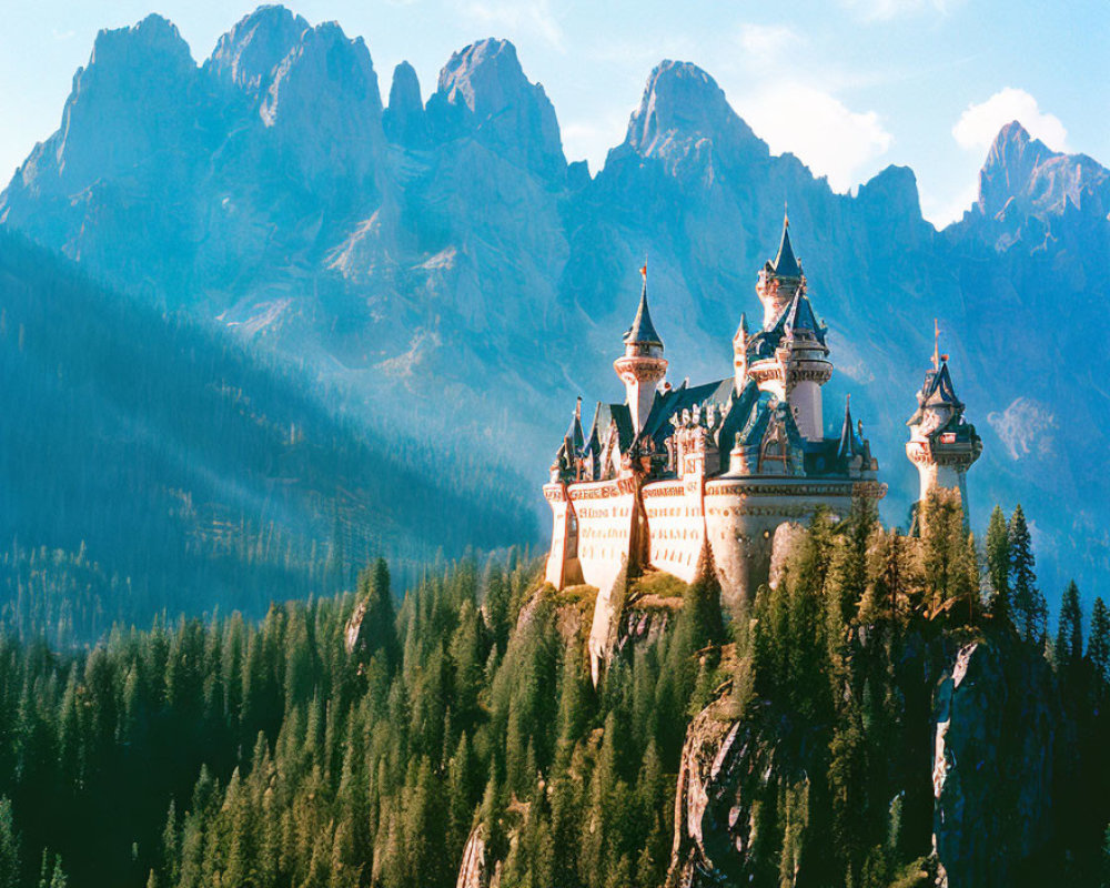 Majestic fairytale castle with spires and mountain backdrop