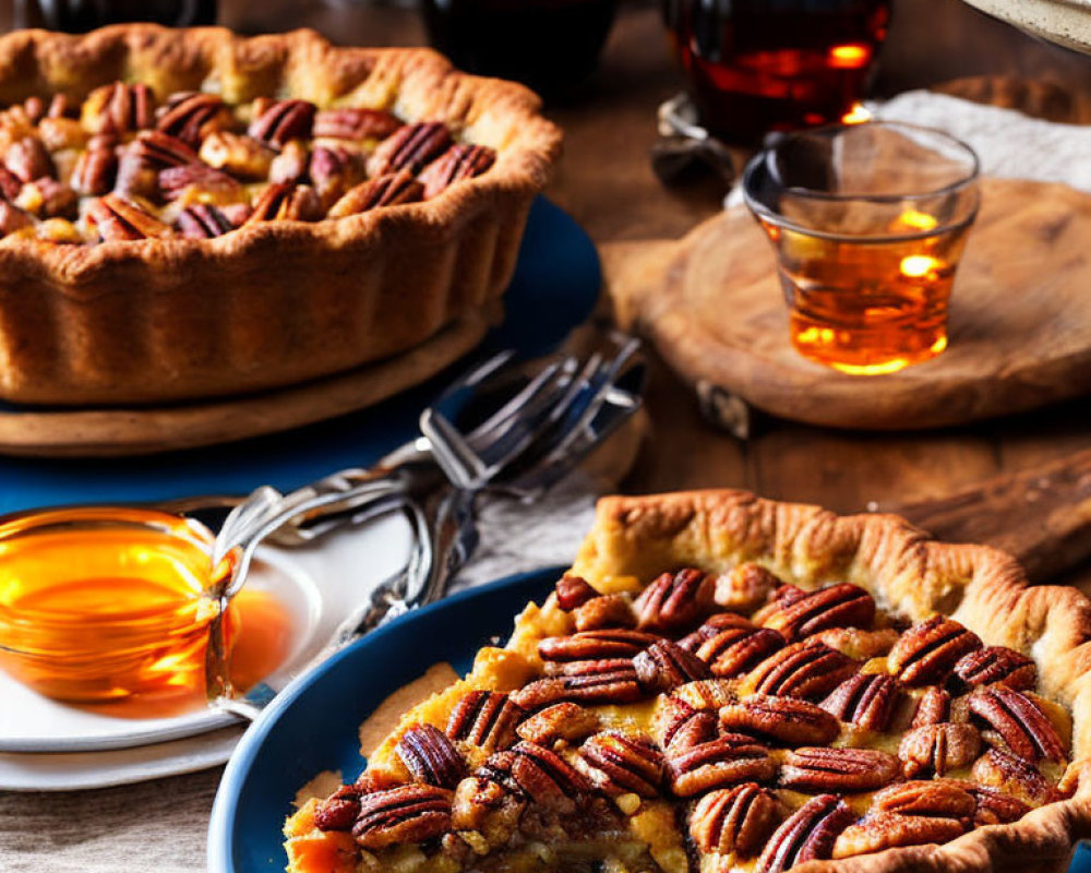 Two pecan pies with a slice removed, glasses of amber liquid, rustic wooden table