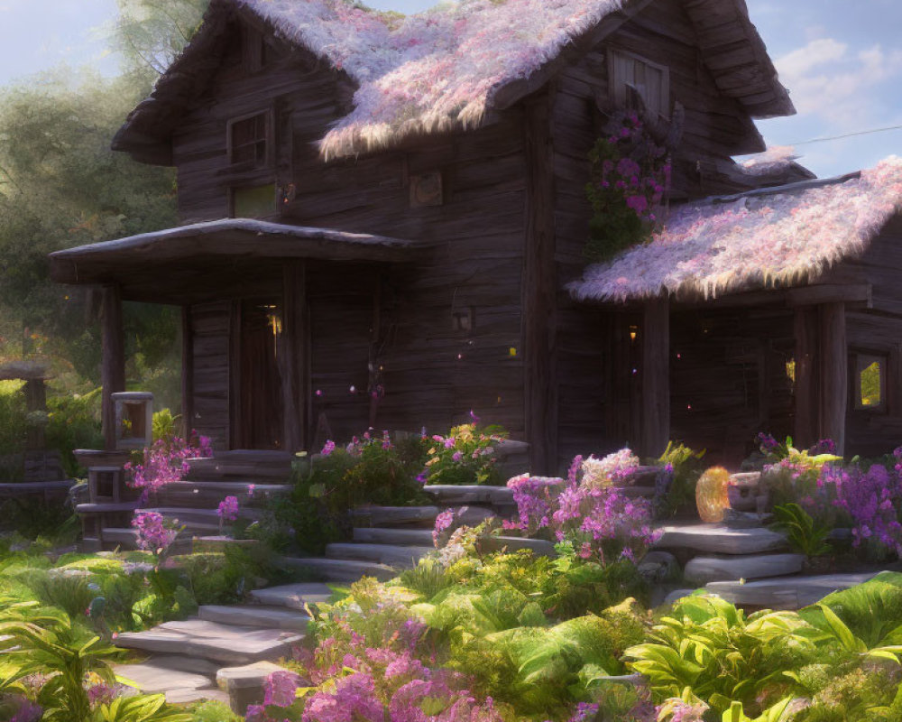 Thatched Roof Wooden Cottage Surrounded by Purple Flowers