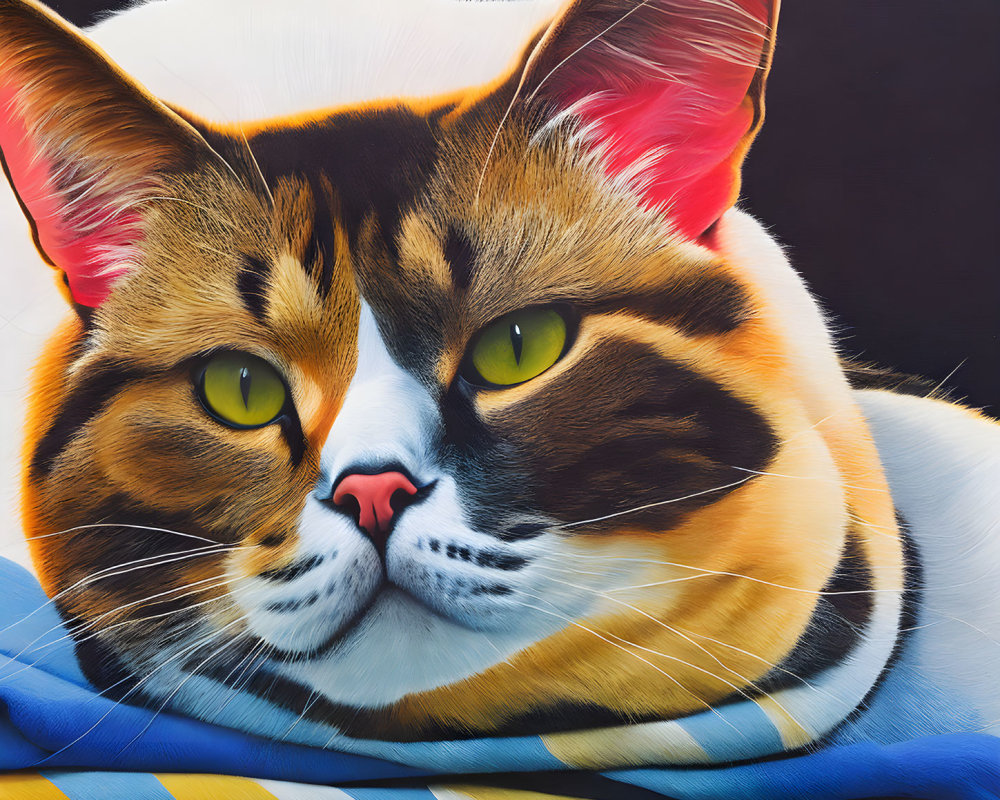 Detailed Close-Up Illustration of Calico Cat with Yellow Eyes and Striped Scarf