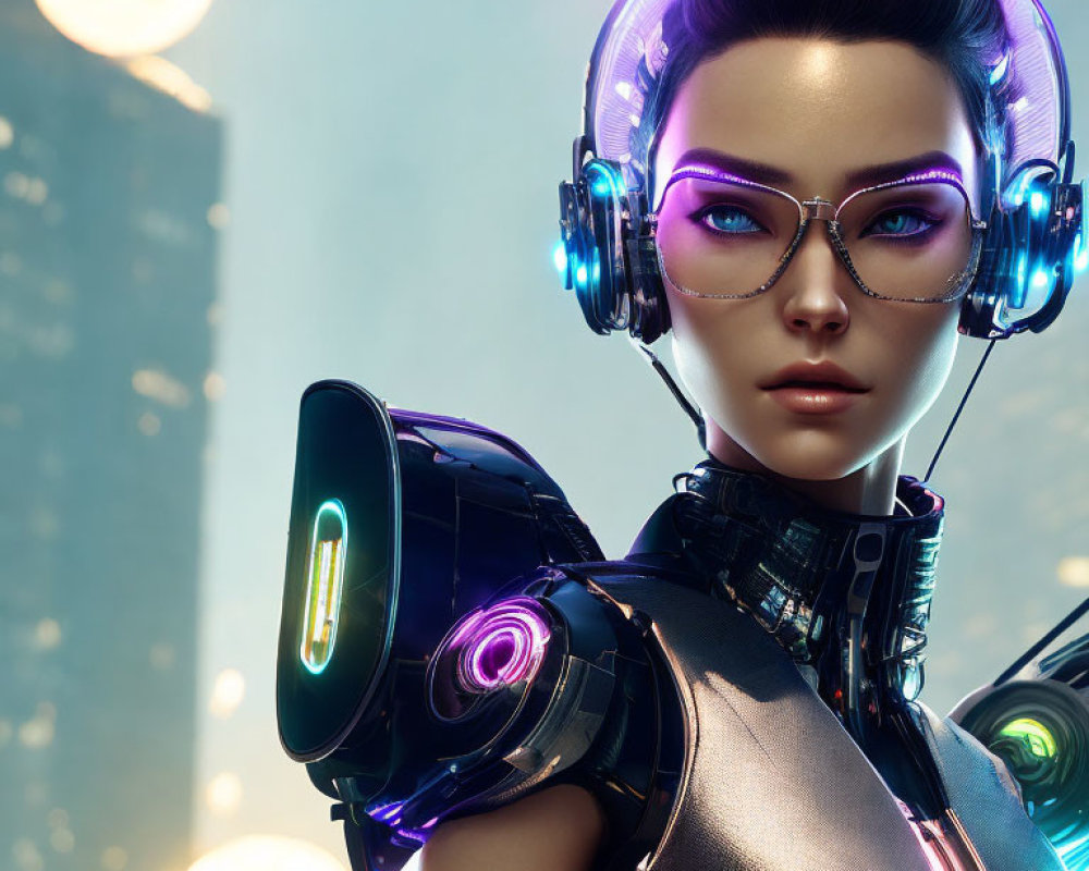 Futuristic female character with cybernetic enhancements in purple glasses against cityscape