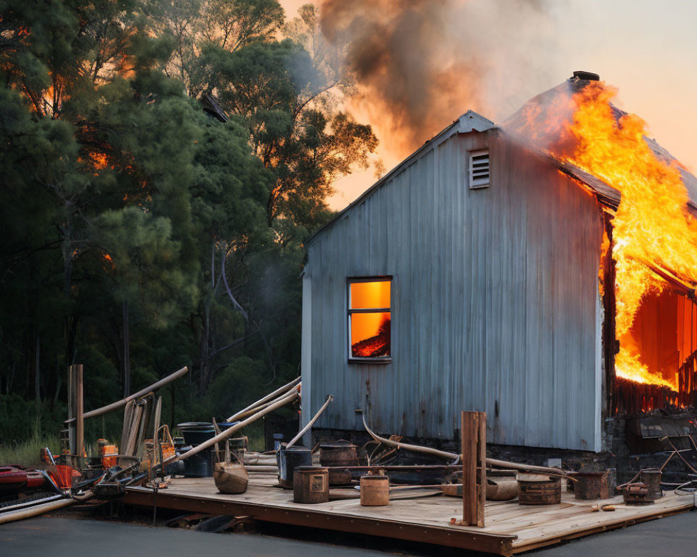 House on Fire in Forest at Dusk or Dawn