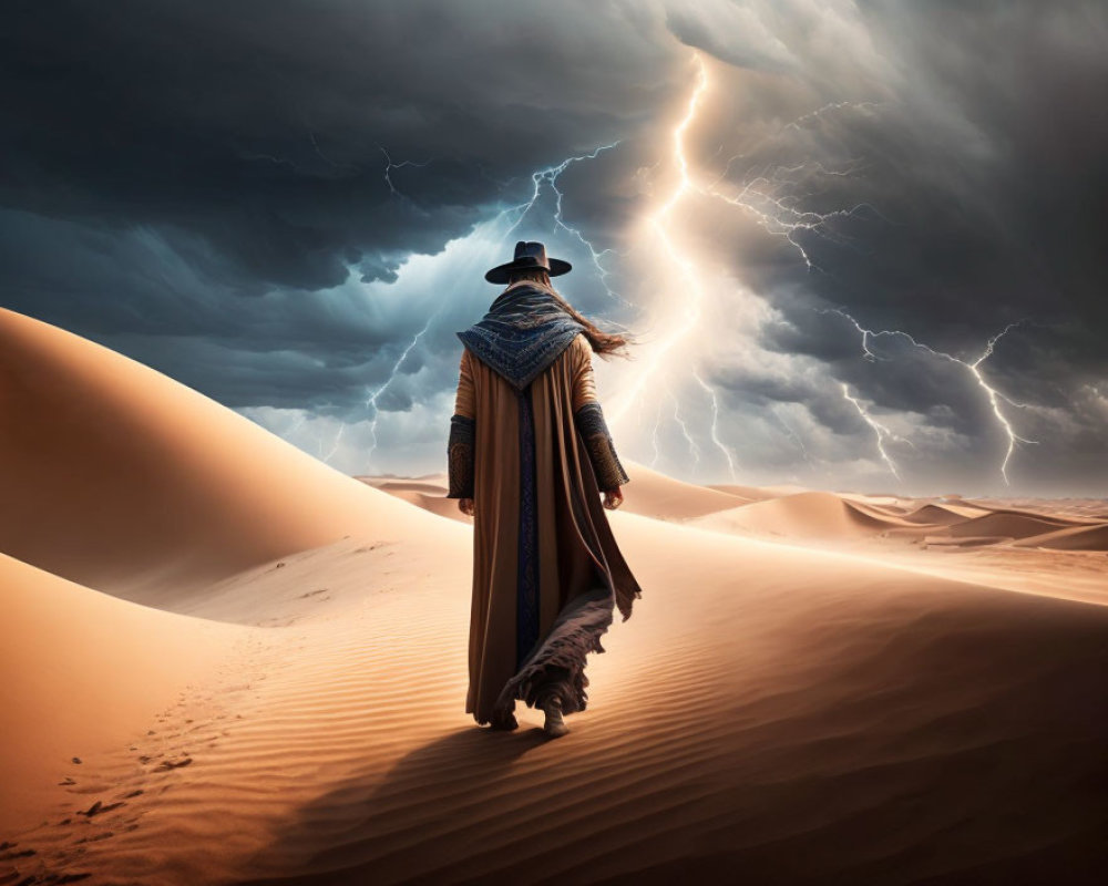 Cloaked Figure Walking on Sand Dunes During Stormy Weather