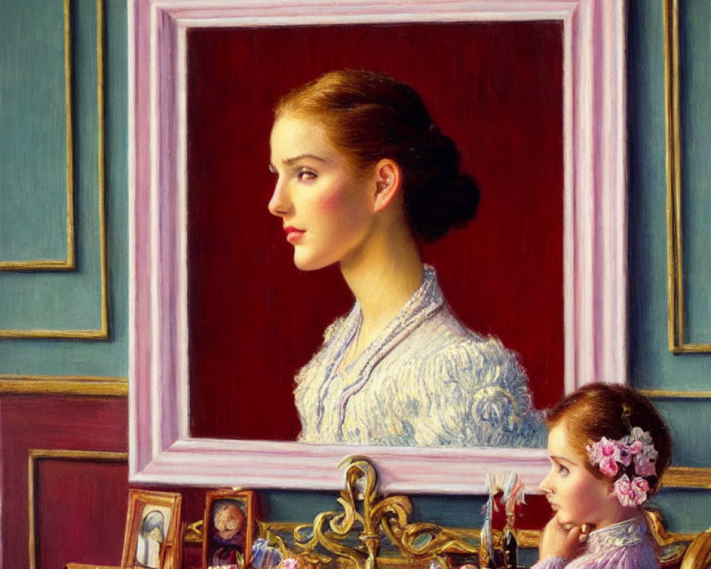 Young girl in purple dress admires framed portrait on table with brass lamp.