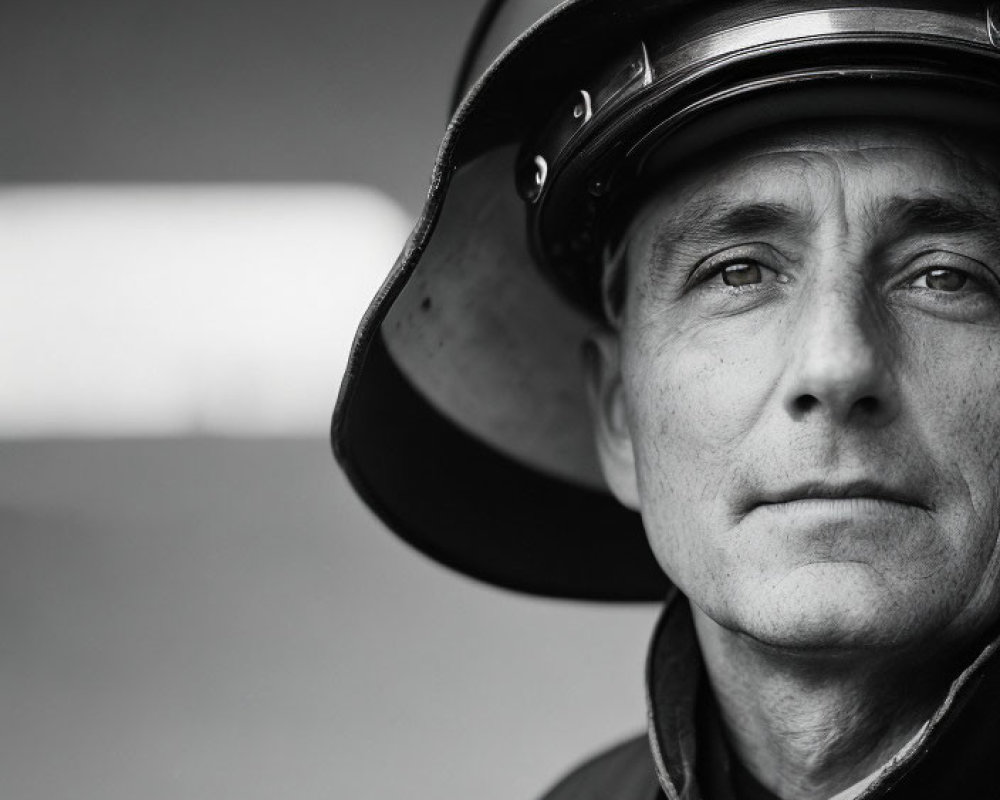 Monochrome portrait of firefighter in uniform and helmet