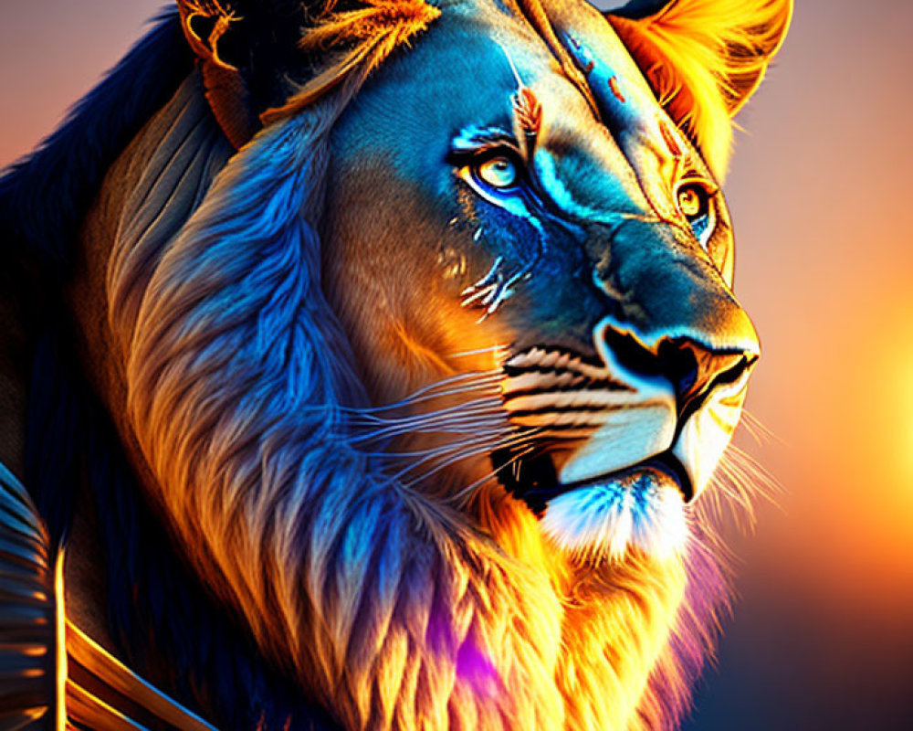 Colorful digital artwork: Majestic lion with blue and orange gradient mane on sunset background