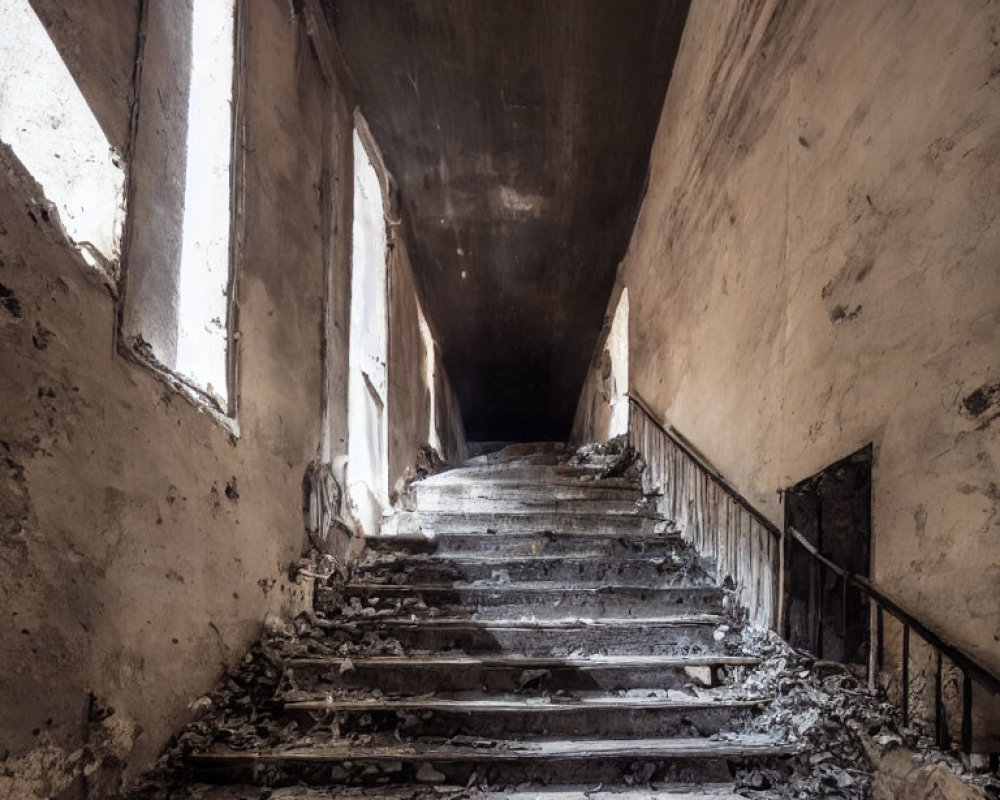 Decaying staircase in abandoned building with tall windows and debris