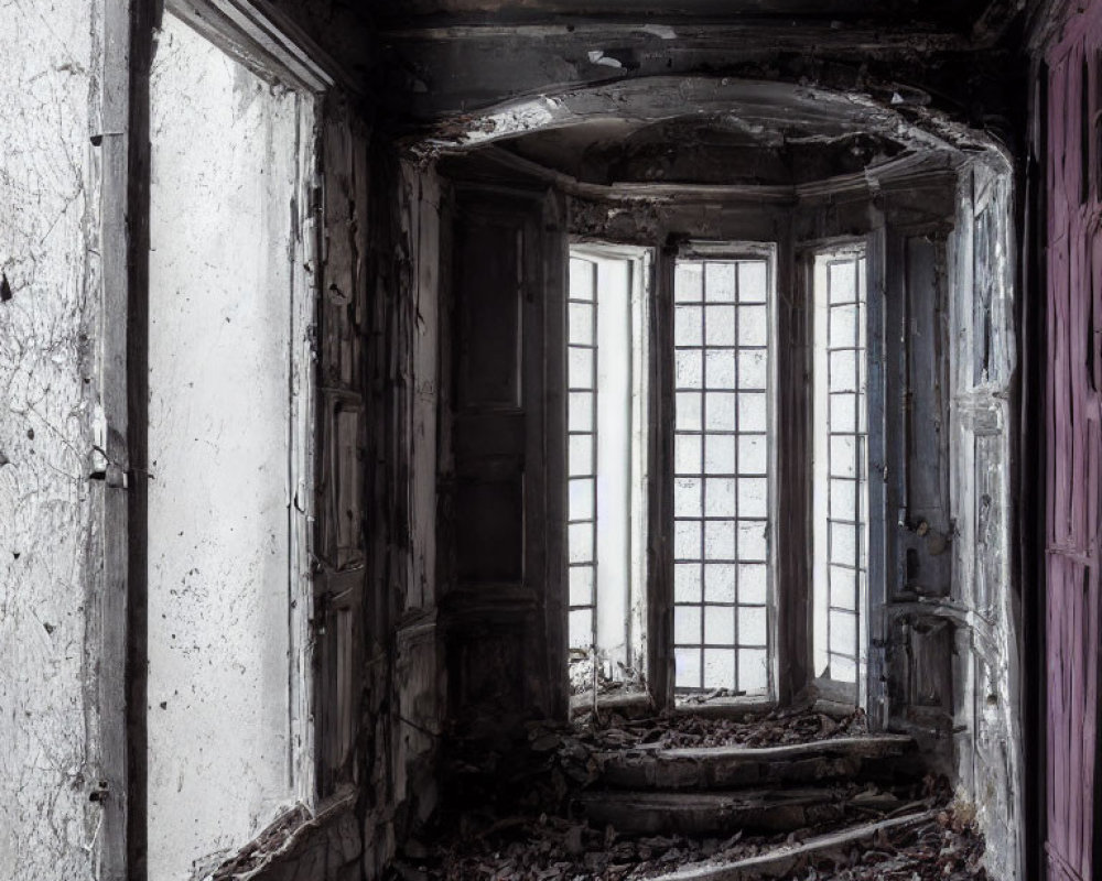 Decayed room with peeling walls and bay window letting in diffused light