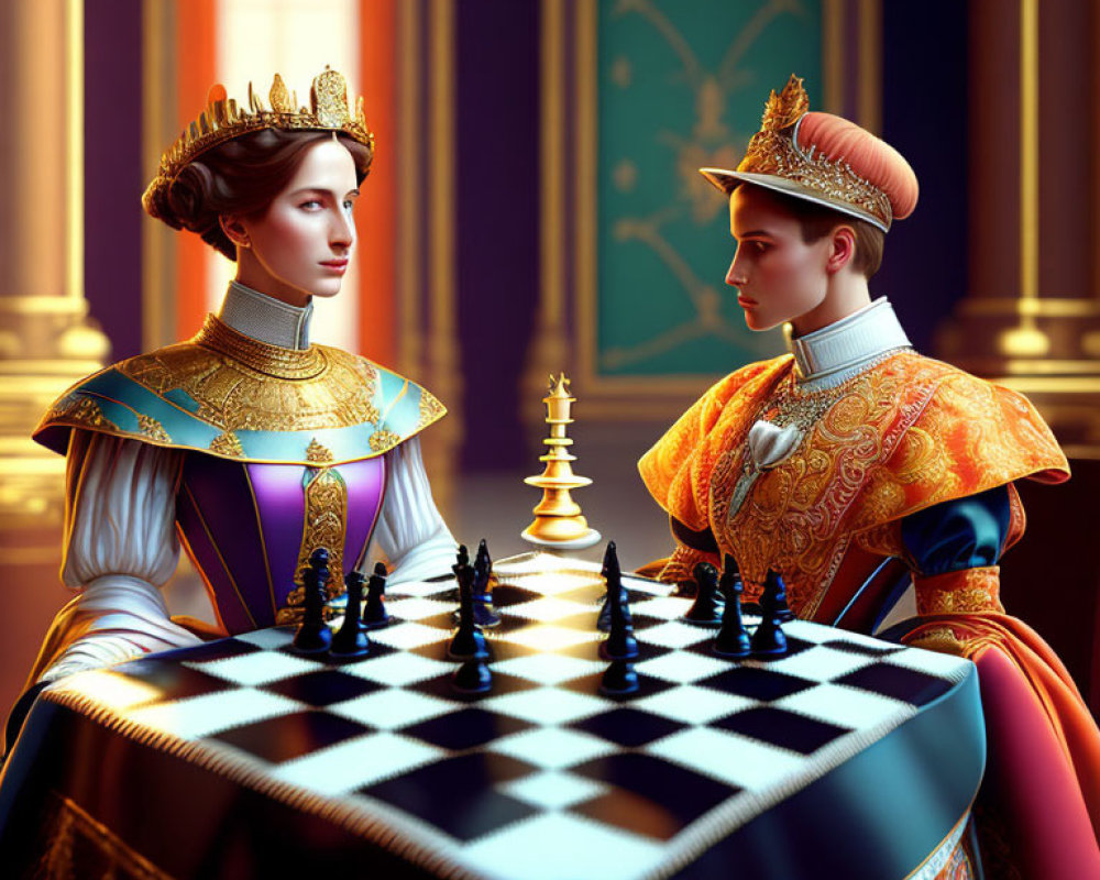 Regal individuals playing chess in ornate room