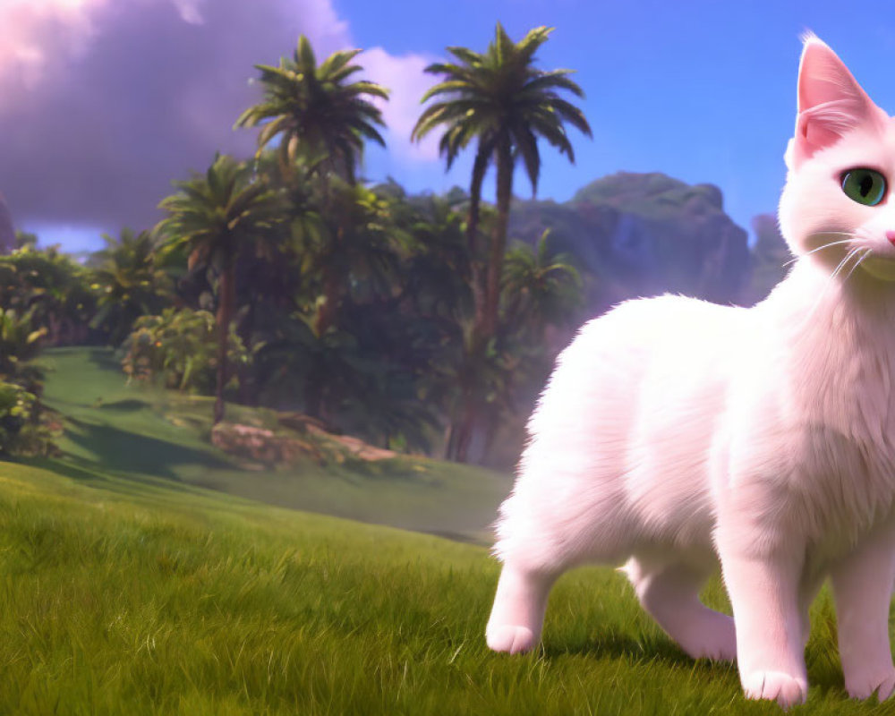 Fluffy white cat with green eyes on grass, palm trees, mountains, blue sky