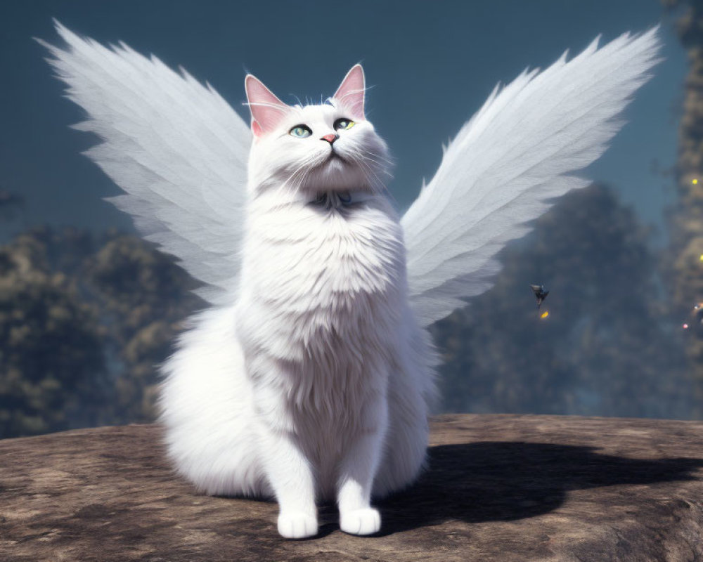 White Fluffy Cat with Angelic Wings in Tranquil Forest Setting