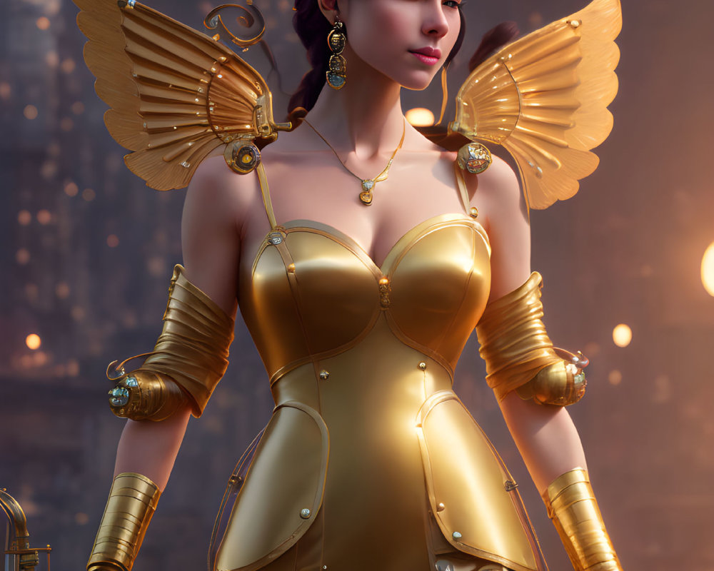 Digital Artwork: Woman with Mechanical Wings and Golden Armor in Cityscape at Twilight