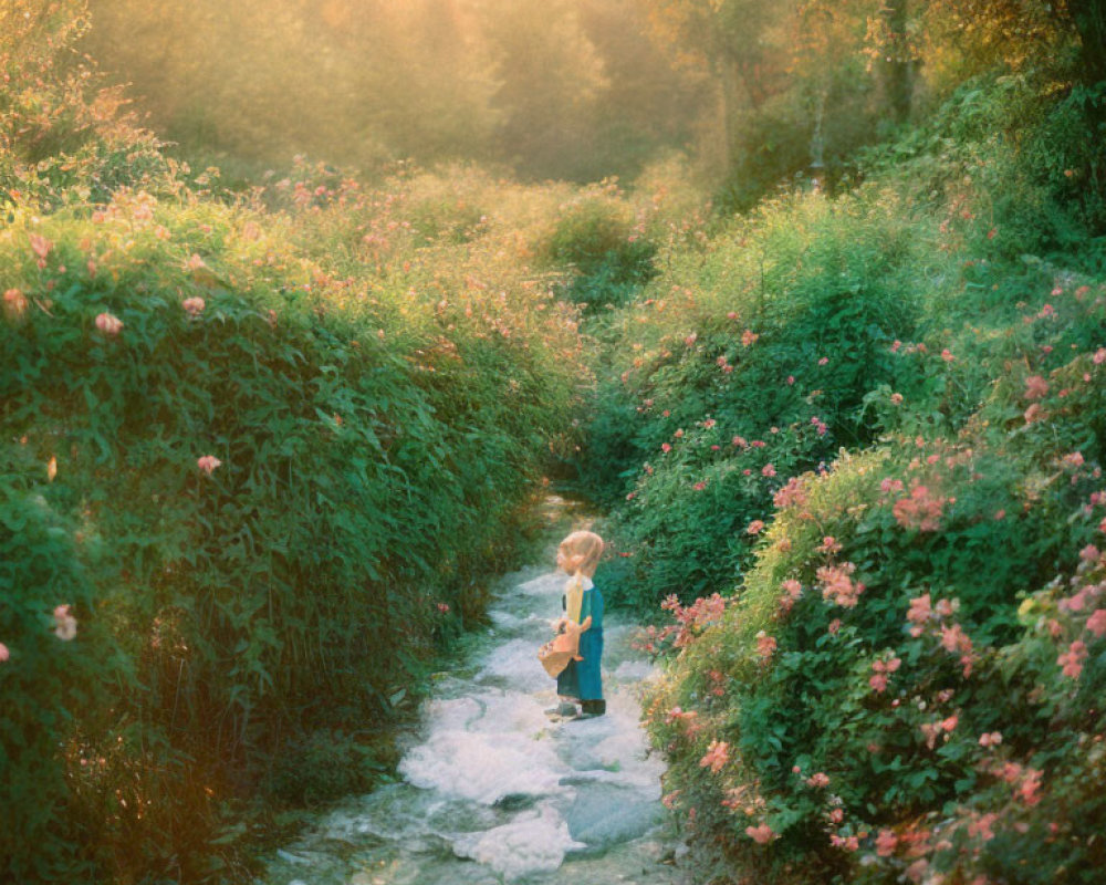 Child on flower-lined forest path with sunlight filtering through trees