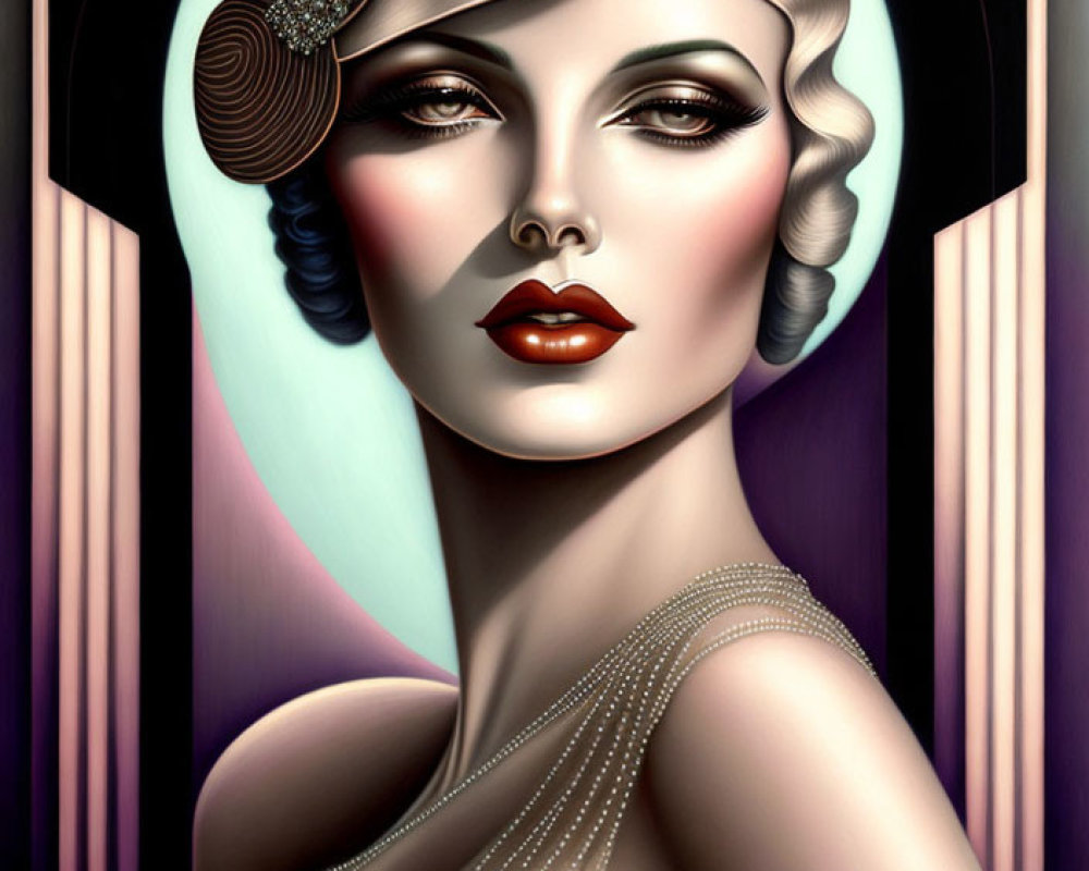 Art Deco illustration of woman with vintage hairstyle, hat, makeup, pearls & geometric frame