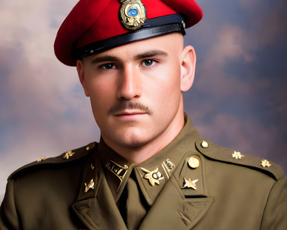 Military figure in red beret, uniform, medals, and badges against cloudy sky.