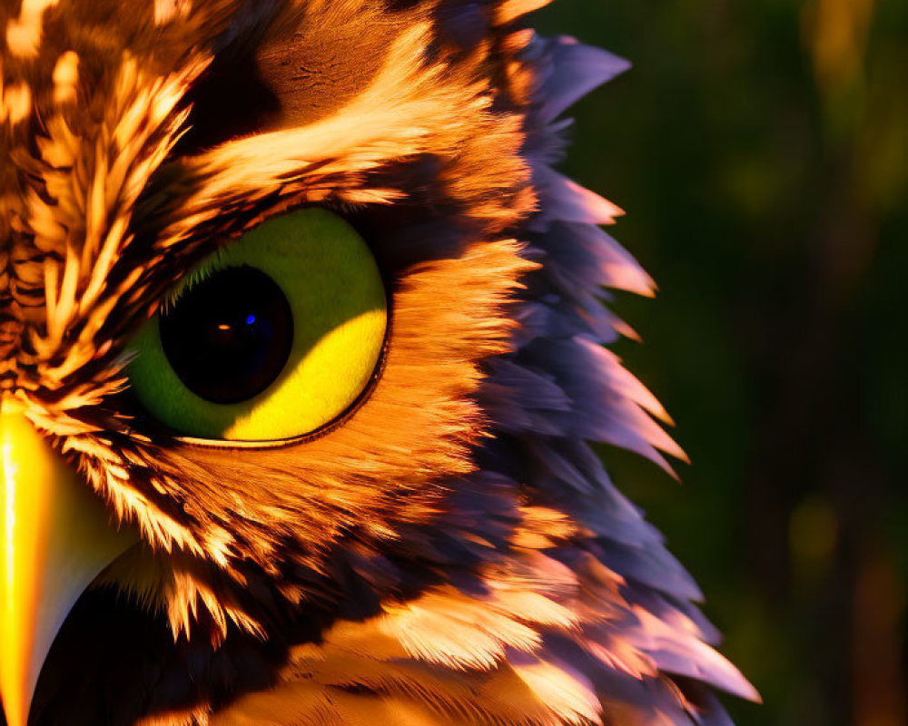 Detailed Owl Face with Yellow-Green Eyes and Feathers in Warm Sunlight