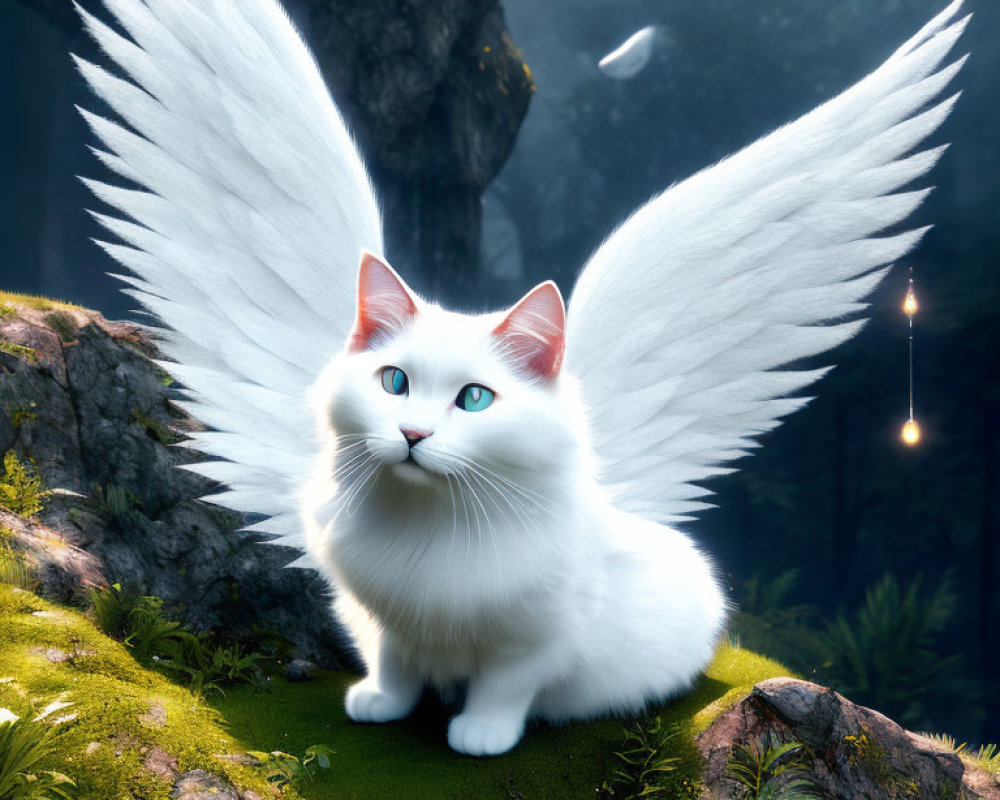 White Cat with Angelic Wings in Enchanted Forest Setting