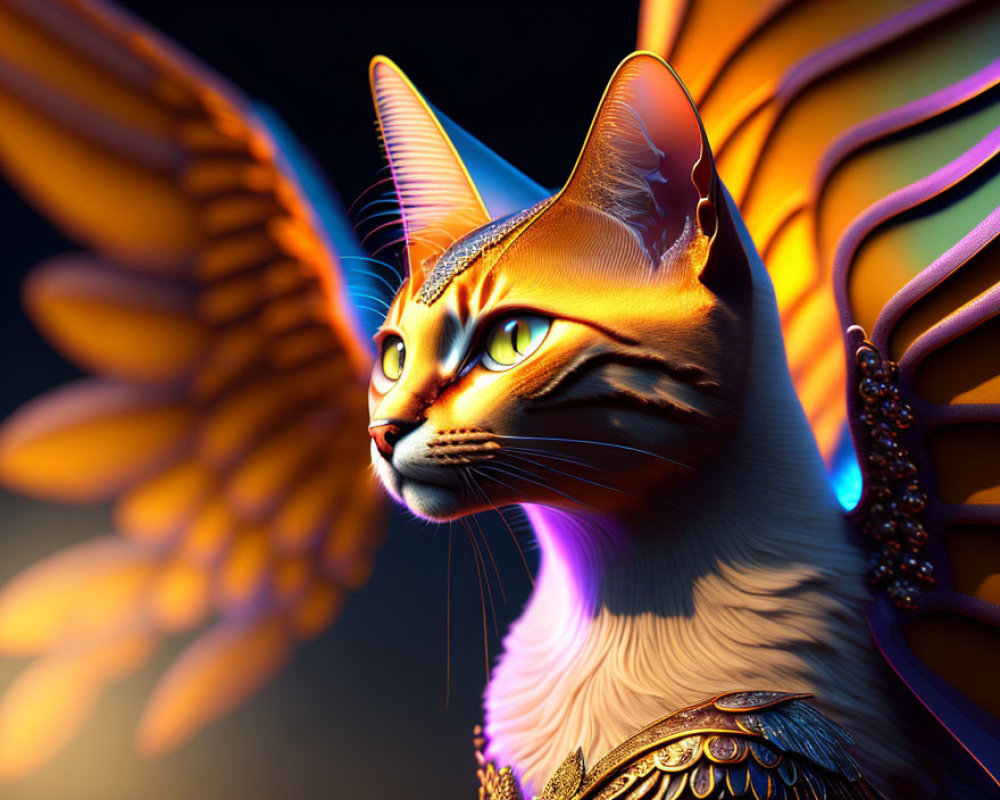 Stylized digital artwork: Golden fur cat with butterfly wings