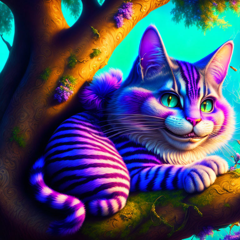 Whimsical cat with zebra-like stripes in lush environment