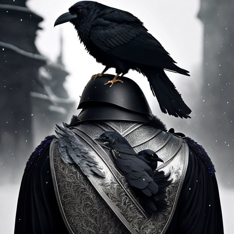 Three ravens on medieval knight's helmet and armor in snowy scene