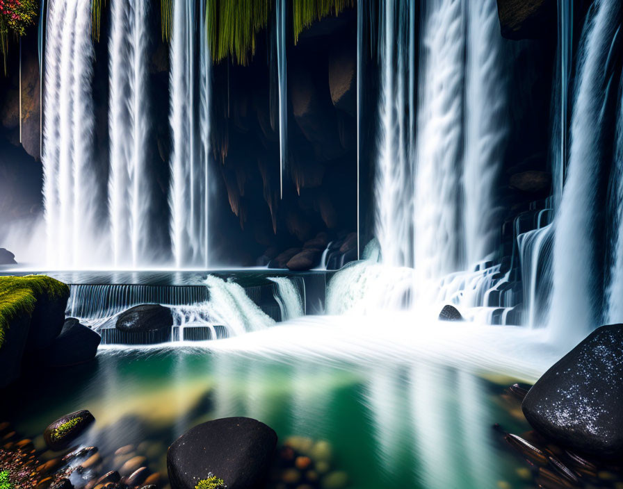 Tranquil waterfall cascades into moss-covered pool