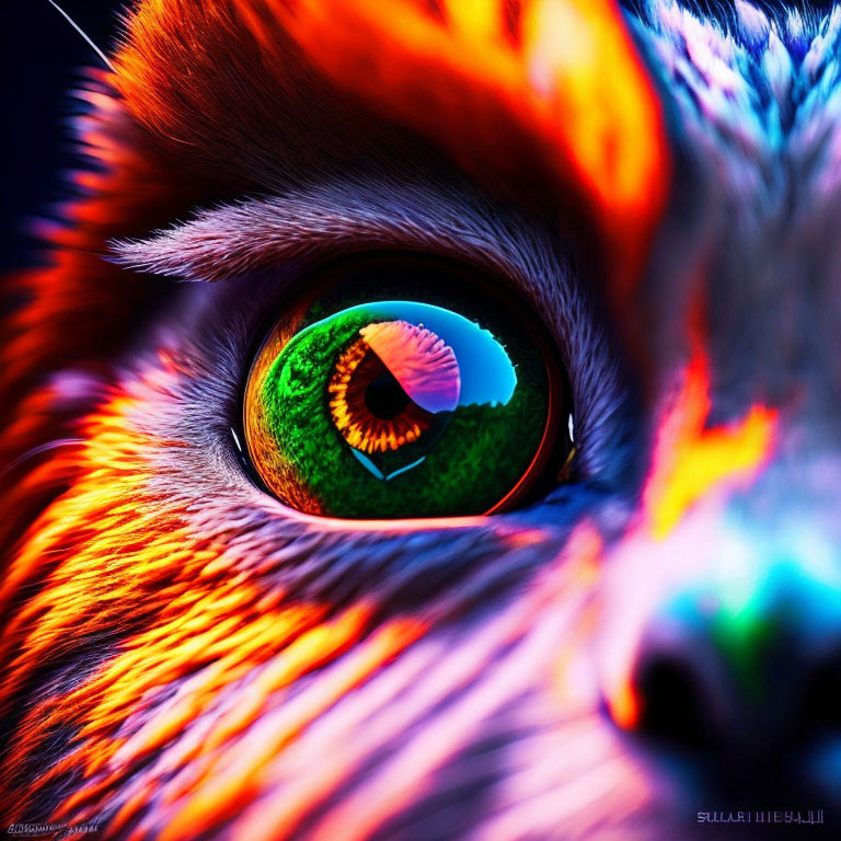 Close-up of animal eye with fiery orange fur and green iris