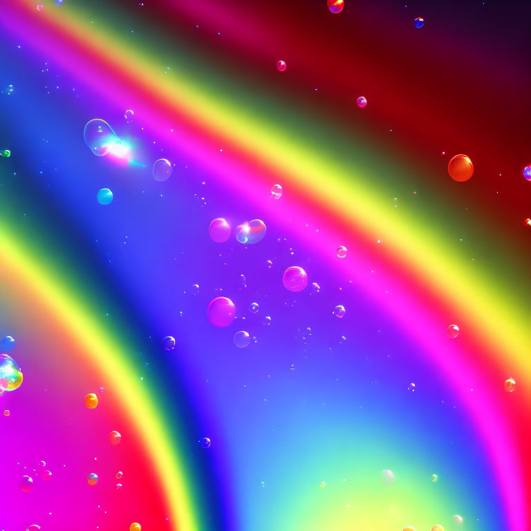 Colorful Rainbow Background with Light Rays and Floating Bubbles