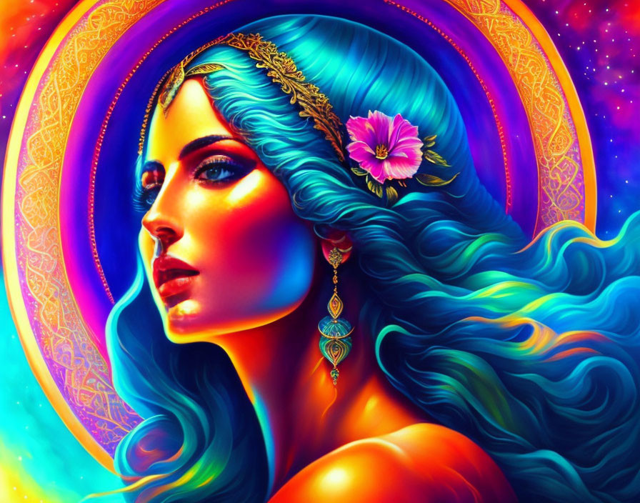 Colorful digital portrait of woman with blue hair and golden accessories on cosmic and floral backdrop