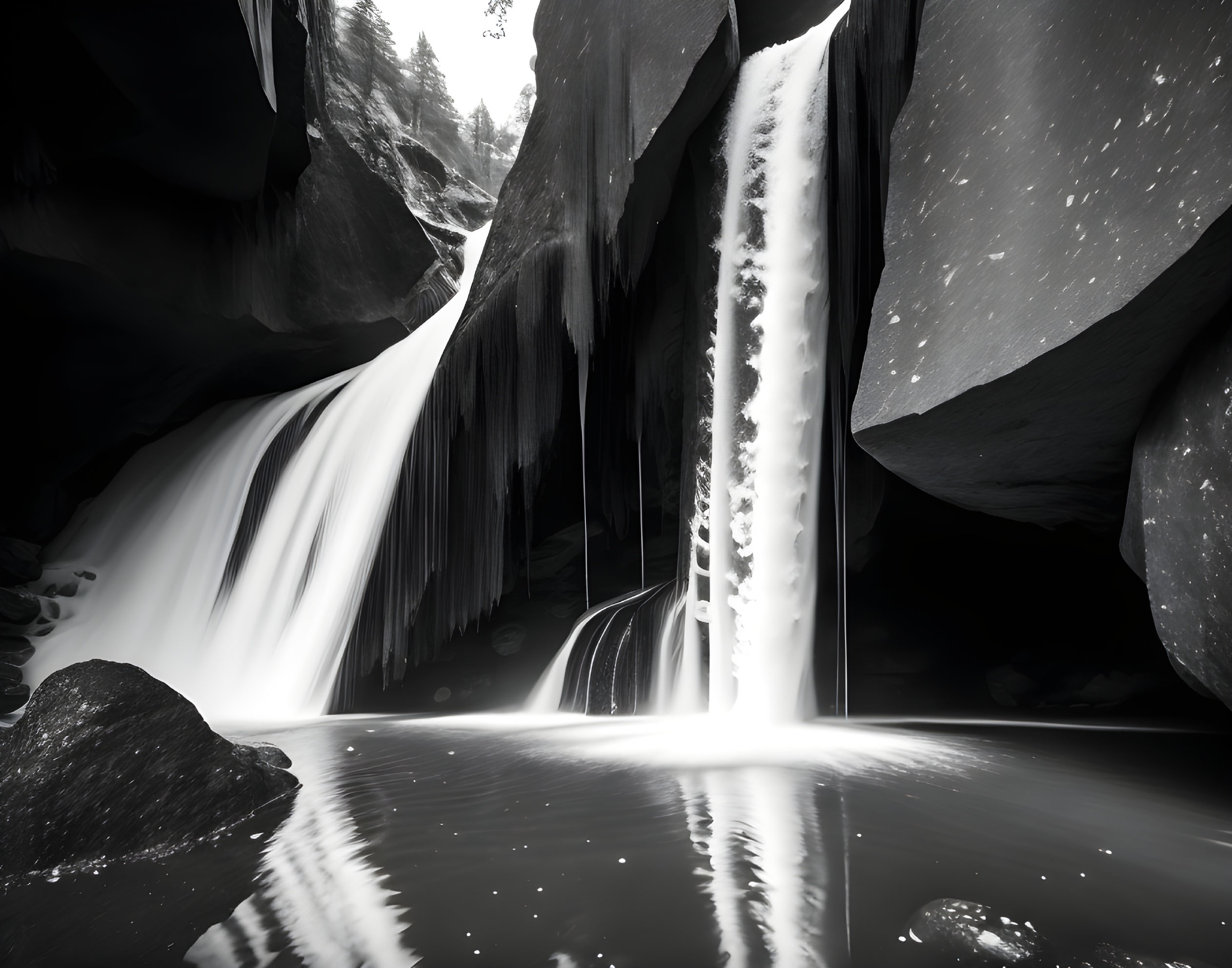 Monochromatic image of serene waterfall and shadowy rock formations