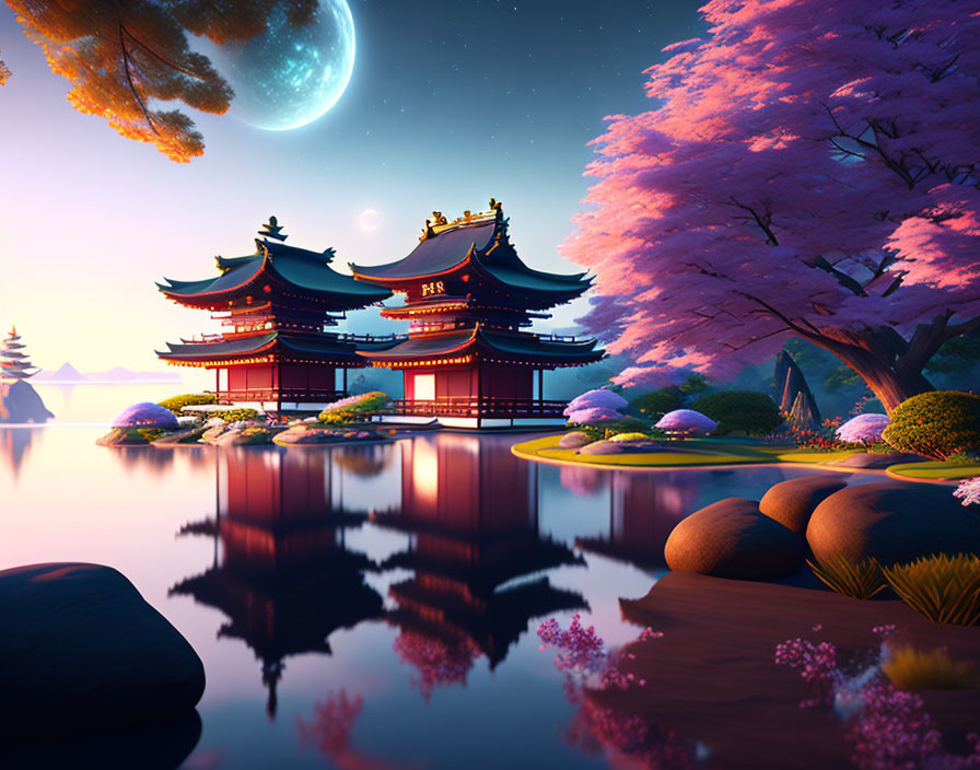 Traditional Asian temple near reflective lake at twilight with cherry blossoms and moon.