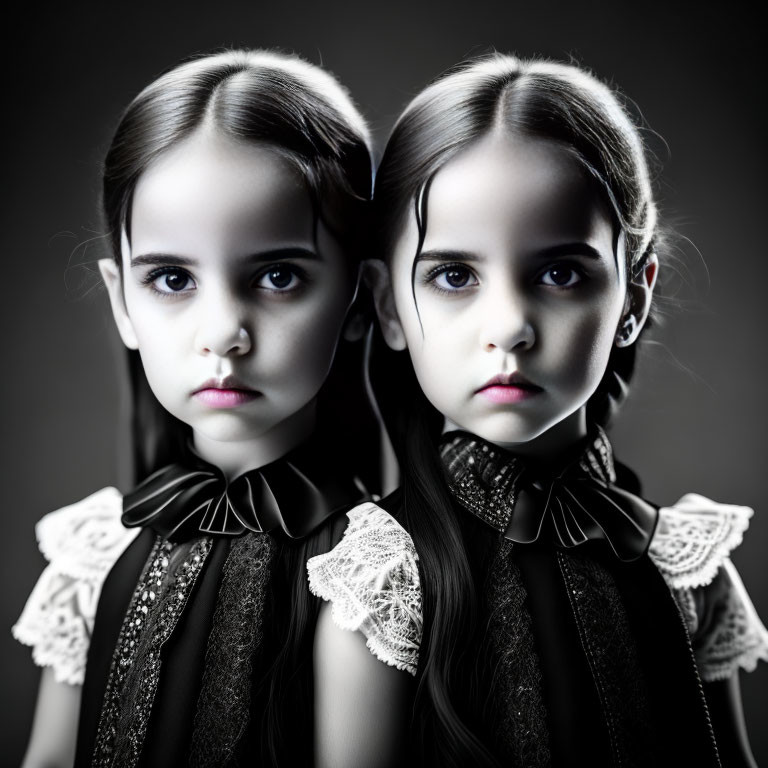 Two twin girls in dark dresses with lace collars and bows, staring at the camera.