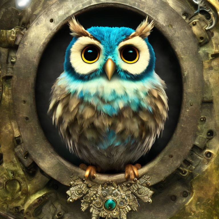 Colorful Owl Illustration with Blue Feathers in Steampunk Frame