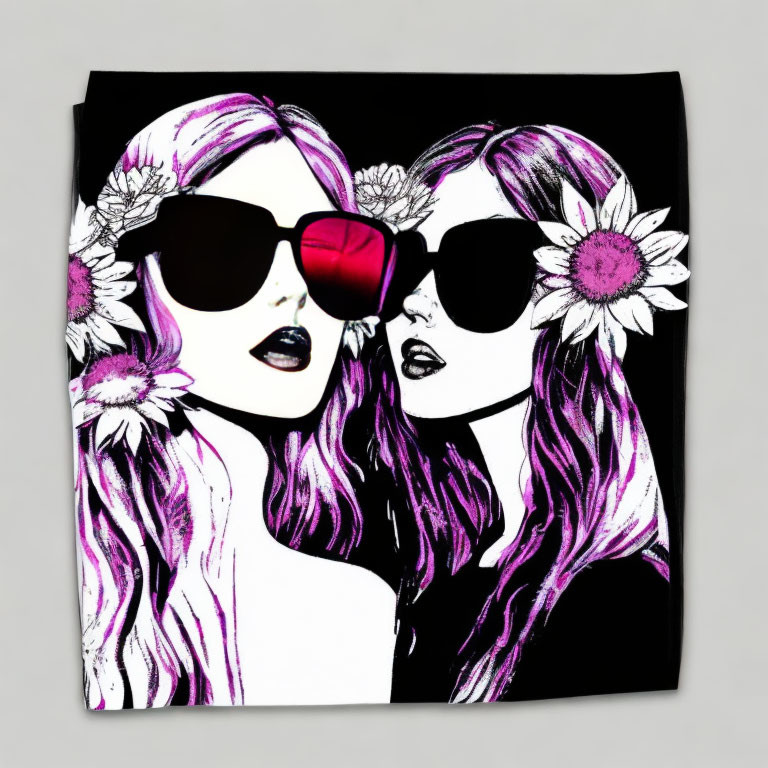 Stylized female figures with purple hair and sunglasses on black background