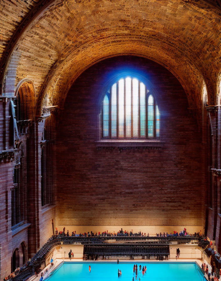 Historic brick building with grand indoor swimming pool and stained-glass window