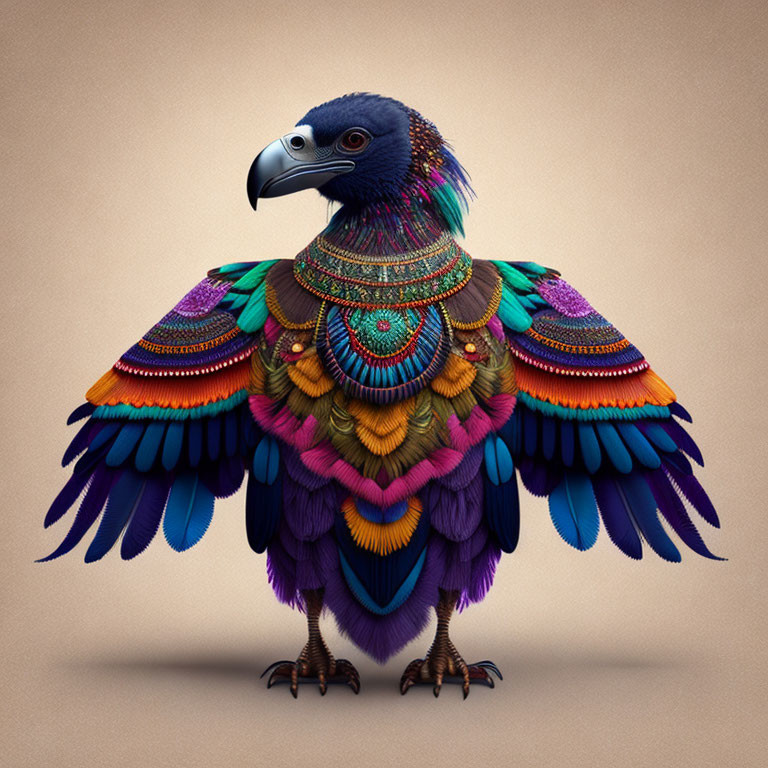 Colorful digital illustration of vulture-like bird with intricate jewel-like patterns