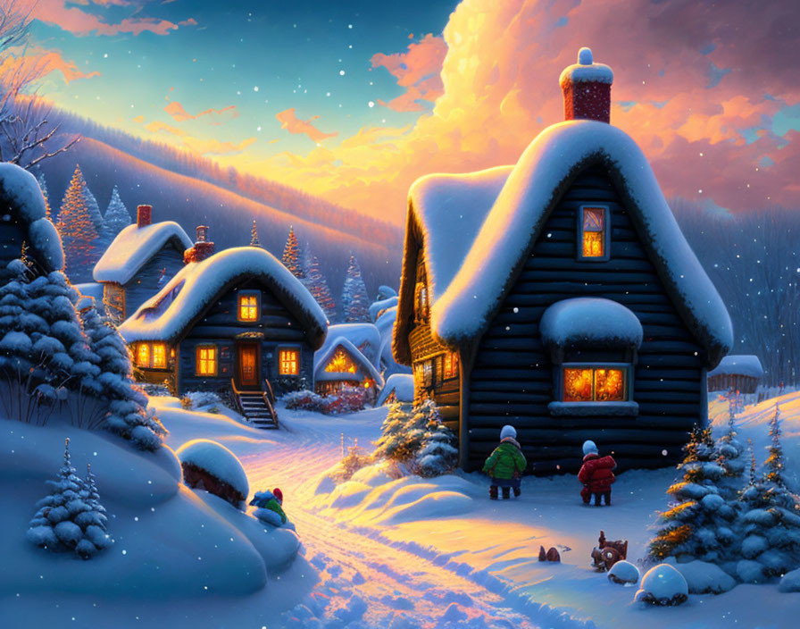 Winter Twilight Scene: Snow-covered Cottages and Glowing Windows