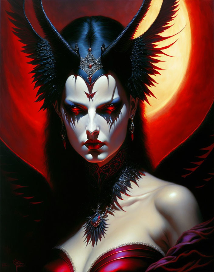 Portrait of woman with pale skin, dark makeup, horned headpiece, in red and black attire