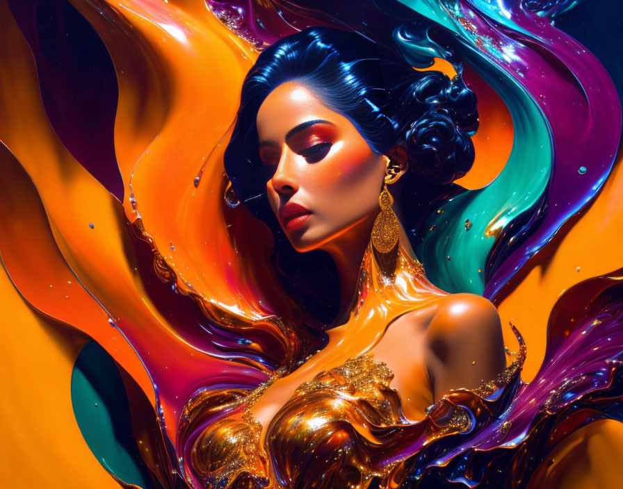 Colorful swirling background with woman in striking makeup and gold jewelry