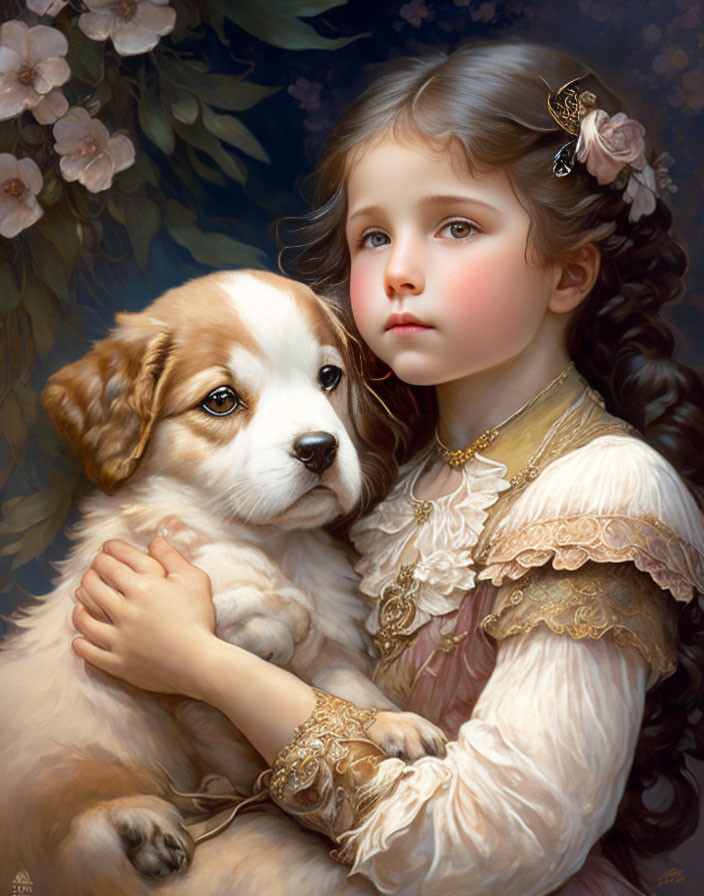 Young girl with long brown hair hugging a puppy in cream dress on floral background