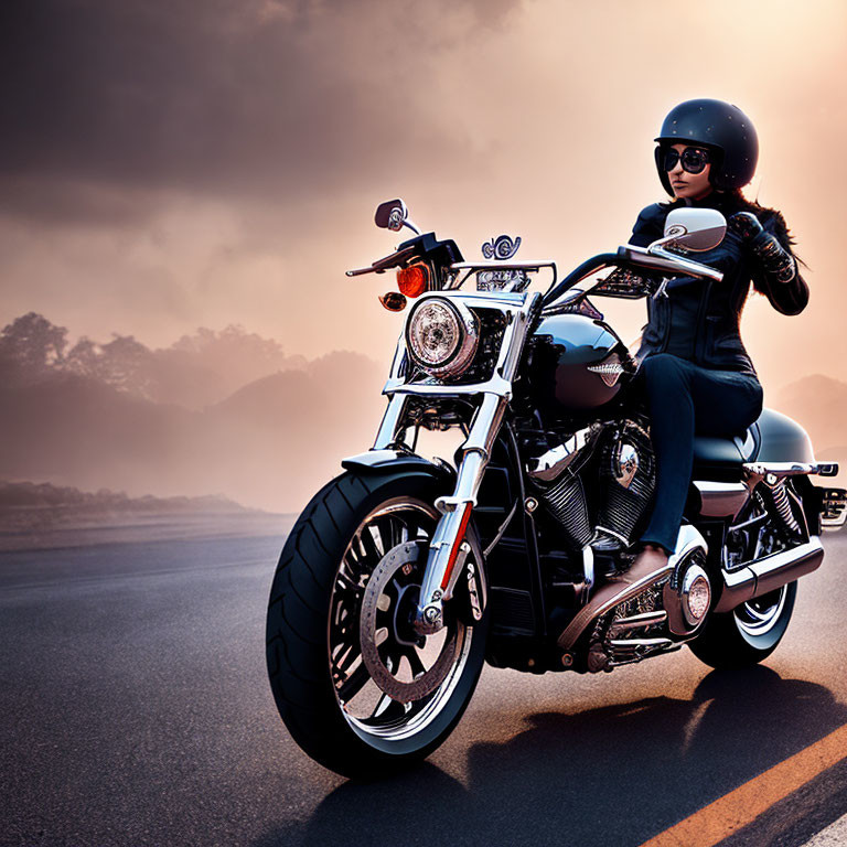 Person in black attire riding motorcycle on open road at sunset