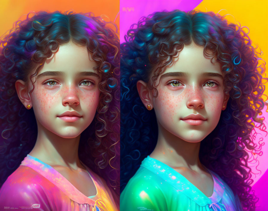 Colorful dual portrait of girl with curly hair and freckles