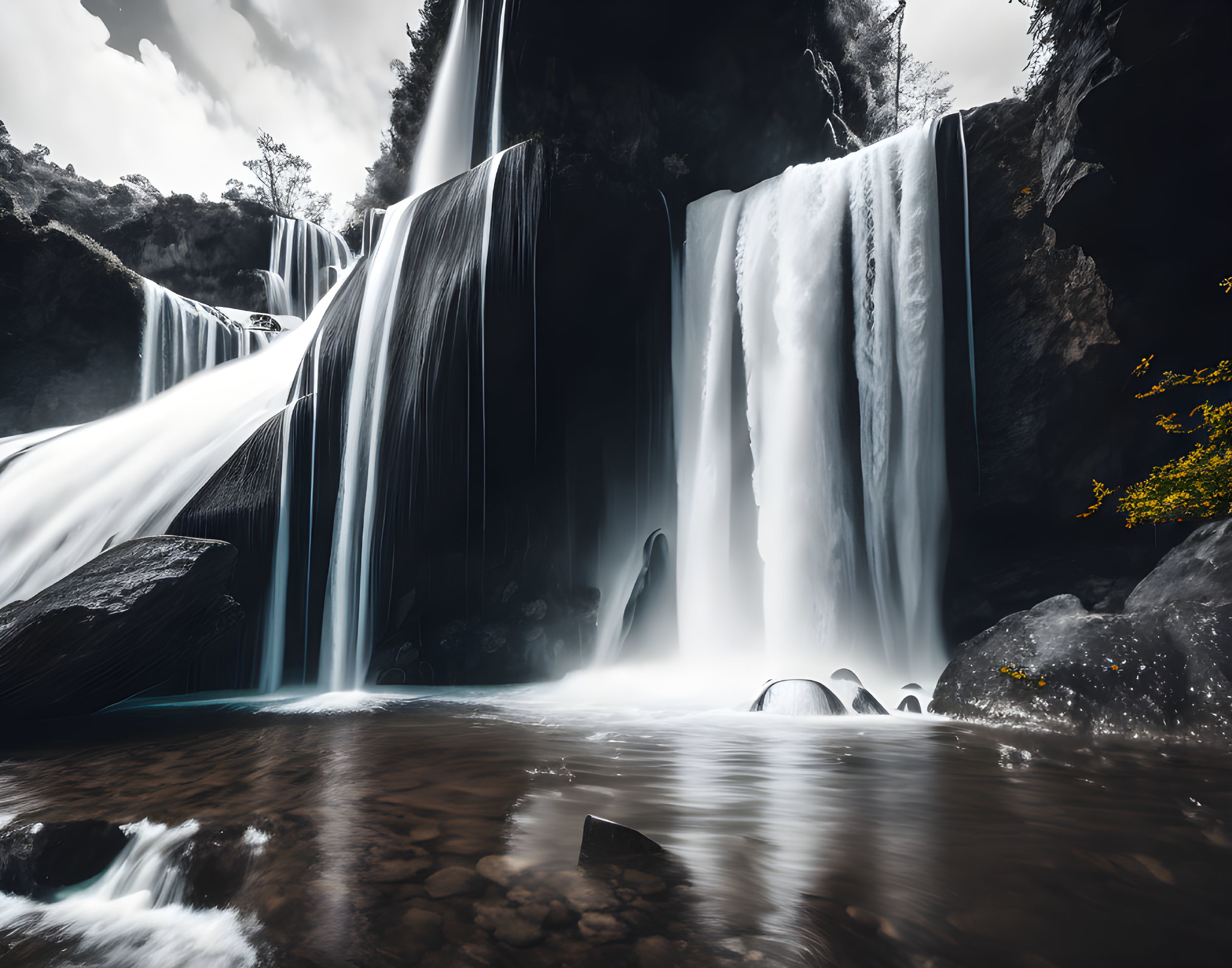 Monochromatic dramatic waterfall scene with dark rocks and yellow shrub