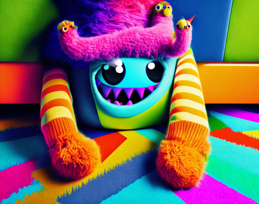 Colorful Cartoon Creature with Striped Legs and Purple Furry Hat sitting on Geometric Patterned Floor