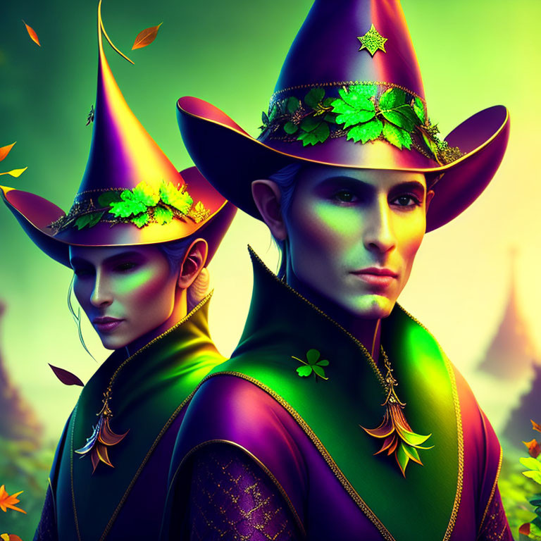 Stylized characters in pointed hats and leaf-adorned cloaks