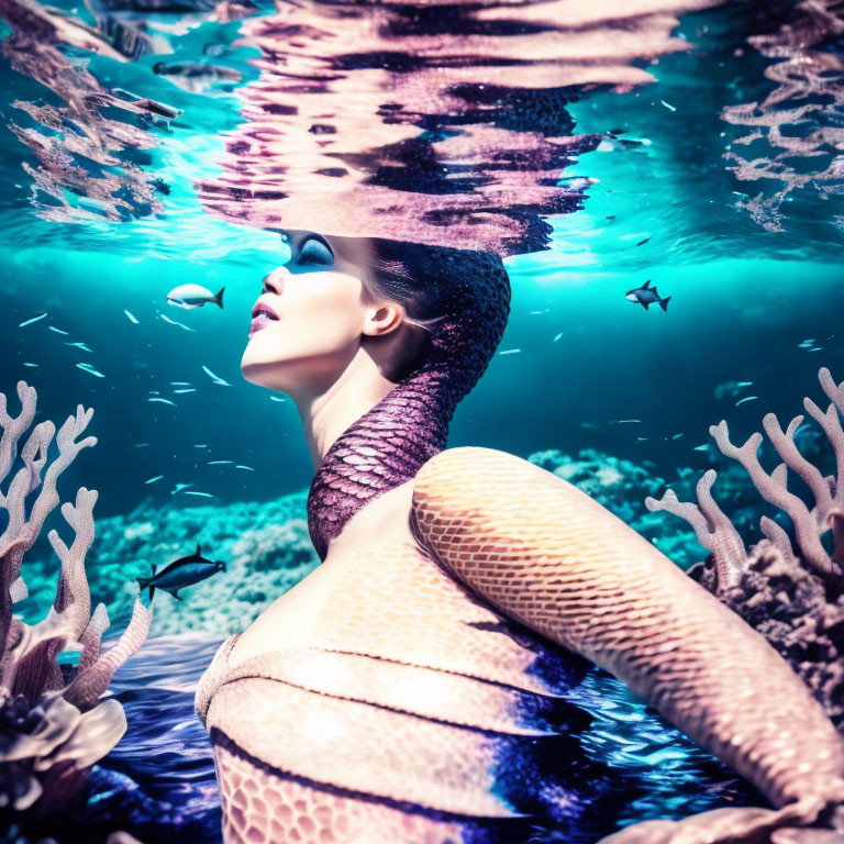 Mermaid with scales submerged in water surrounded by coral and fish